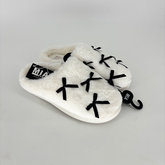 MIA Shoes - Mia Cozi Multi-Bow Slipper Cream/Black Women Size 7 Faux Fur Lounge Cozy Warm
